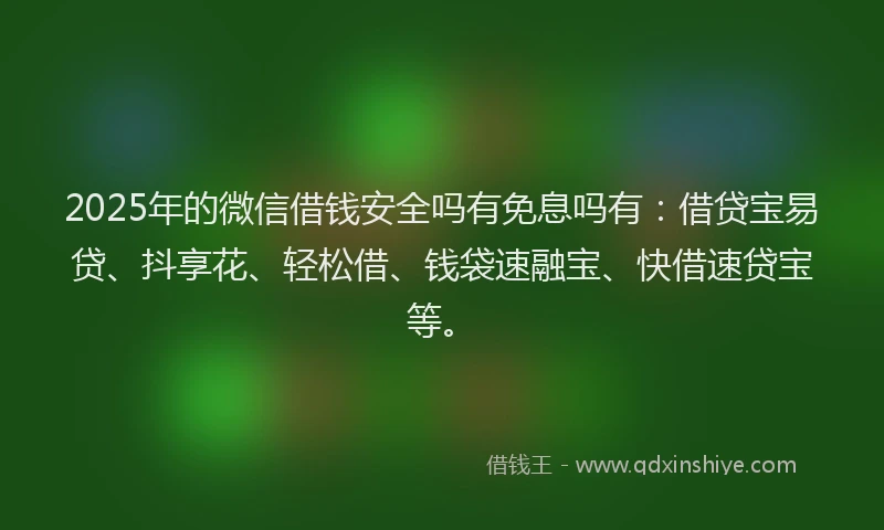 2025年的微信借钱安全吗有免息吗有：借贷宝易贷、抖享花、轻松借、钱袋速融宝、快借速贷宝等。