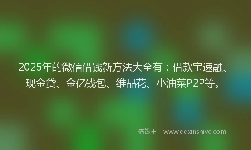 2025年的微信借钱新方法大全有：借款宝速融、现金贷、金亿钱包、维品花、小油菜P2P等。