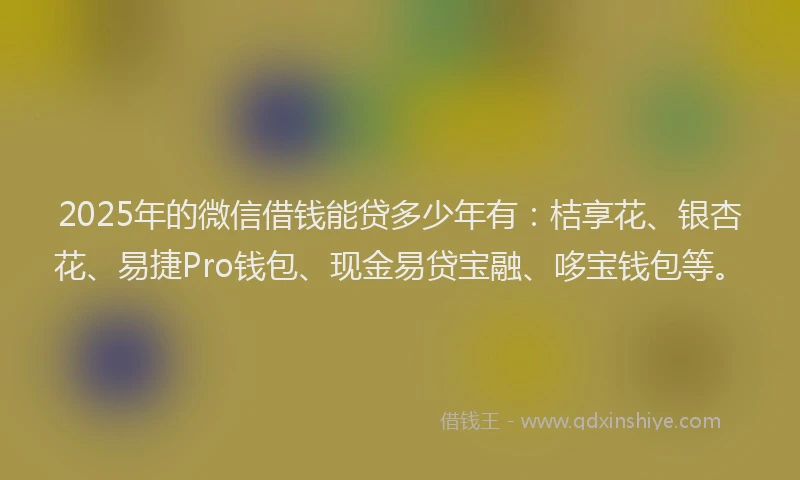 2025年的微信借钱能贷多少年有：桔享花、银杏花、易捷Pro钱包、现金易贷宝融、哆宝钱包等。
