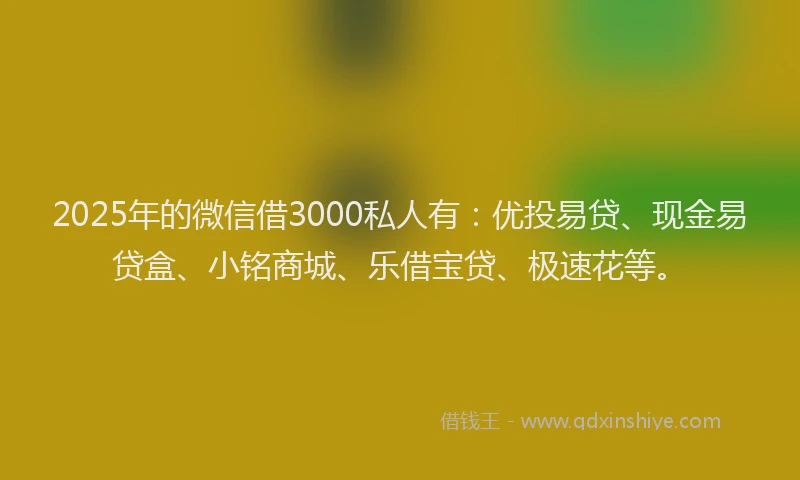 2025年的微信借3000私人有：优投易贷、现金易贷盒、小铭商城、乐借宝贷、极速花等。