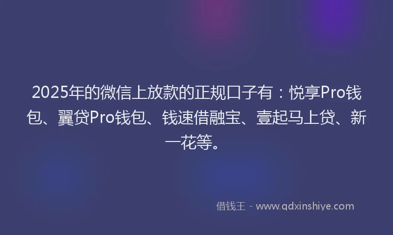 2025年的微信上放款的正规口子有：悦享Pro钱包、翼贷Pro钱包、钱速借融宝、壹起马上贷、新一花等。