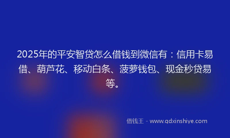 2025年的平安智贷怎么借钱到微信有：信用卡易借、葫芦花、移动白条、菠萝钱包、现金秒贷易等。