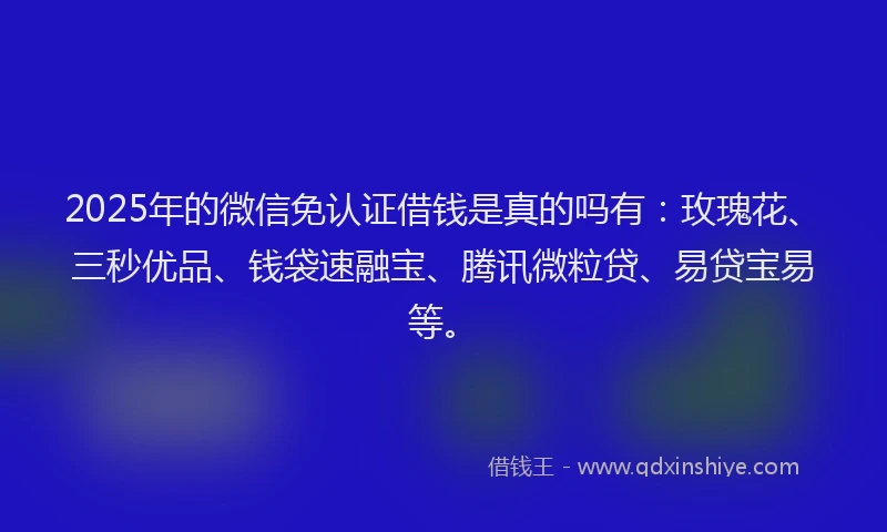2025年的微信免认证借钱是真的吗有：玫瑰花、三秒优品、钱袋速融宝、腾讯微粒贷、易贷宝易等。