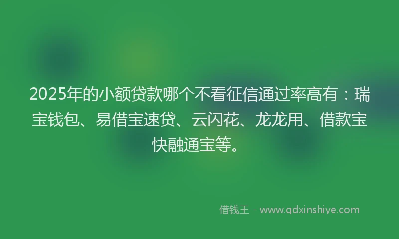 2025年的小额贷款哪个不看征信通过率高有：瑞宝钱包、易借宝速贷、云闪花、龙龙用、借款宝快融通宝等。