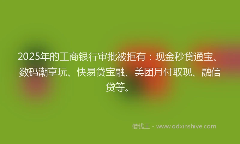 2025年的工商银行审批被拒有：现金秒贷通宝、数码潮享玩、快易贷宝融、美团月付取现、融信贷等。