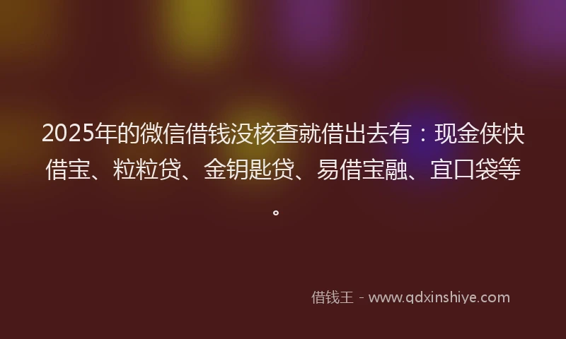 2025年的微信借钱没核查就借出去有：现金侠快借宝、粒粒贷、金钥匙贷、易借宝融、宜口袋等。