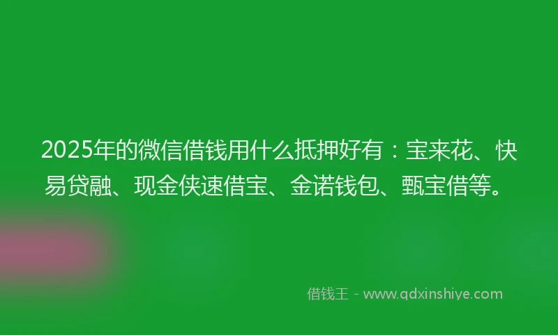 2025年的微信借钱用什么抵押好有：宝来花、快易贷融、现金侠速借宝、金诺钱包、甄宝借等。
