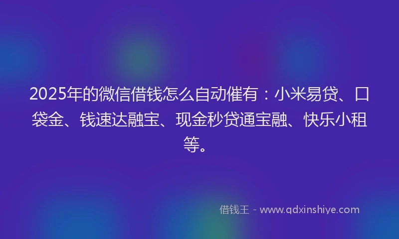 2025年的微信借钱怎么自动催有：小米易贷、口袋金、钱速达融宝、现金秒贷通宝融、快乐小租等。