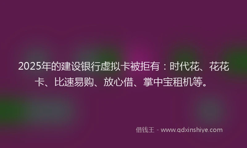 2025年的建设银行虚拟卡被拒有：时代花、花花卡、比速易购、放心借、掌中宝租机等。