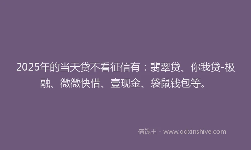 2025年的当天贷不看征信有：翡翠贷、你我贷-极融、微微快借、壹现金、袋鼠钱包等。