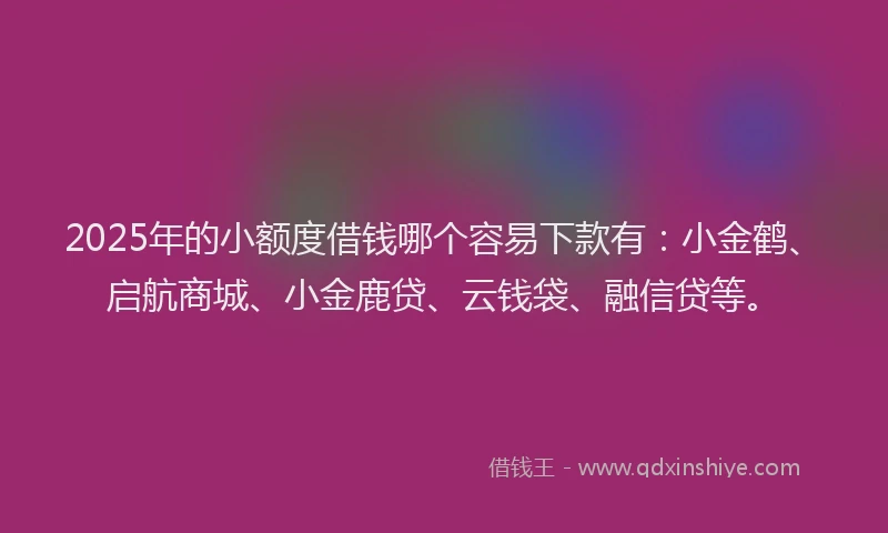 2025年的小额度借钱哪个容易下款有：小金鹤、启航商城、小金鹿贷、云钱袋、融信贷等。