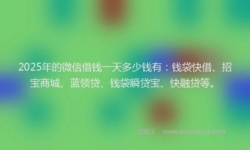 2025年的微信借钱一天多少钱有：钱袋快借、招宝商城、蓝领贷、钱袋瞬贷宝、快融贷等。