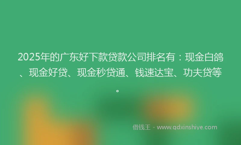 2025年的广东好下款贷款公司排名有：现金白鸽、现金好贷、现金秒贷通、钱速达宝、功夫贷等。
