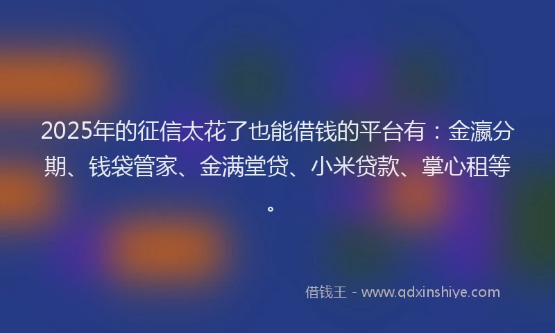 2025年的征信太花了也能借钱的平台有：金瀛分期、钱袋管家、金满堂贷、小米贷款、掌心租等。