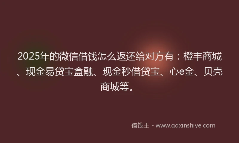 2025年的微信借钱怎么返还给对方有：橙丰商城、现金易贷宝盒融、现金秒借贷宝、心e金、贝壳商城等。