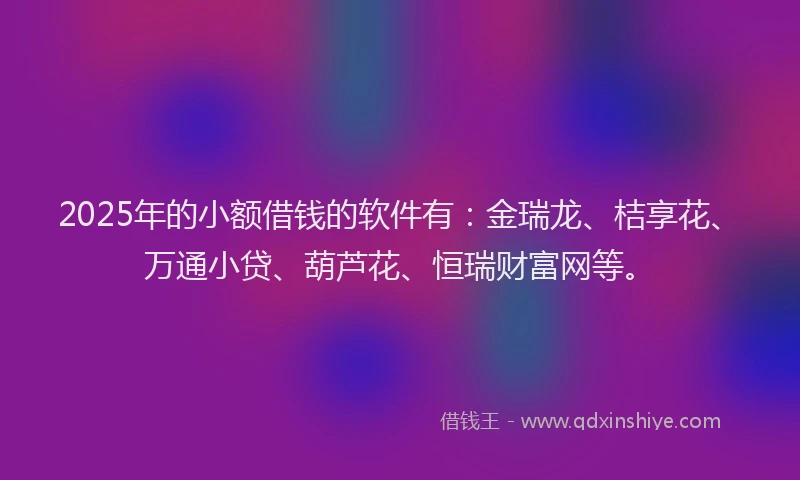 2025年的小额借钱的软件有：金瑞龙、桔享花、万通小贷、葫芦花、恒瑞财富网等。