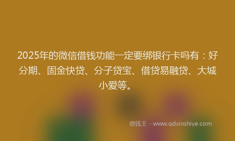 2025年的微信借钱功能一定要绑银行卡吗有：好分期、固金快贷、分子贷宝、借贷易融贷、大城小爱等。
