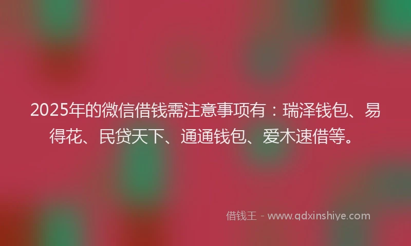 2025年的微信借钱需注意事项有：瑞泽钱包、易得花、民贷天下、通通钱包、爱木速借等。