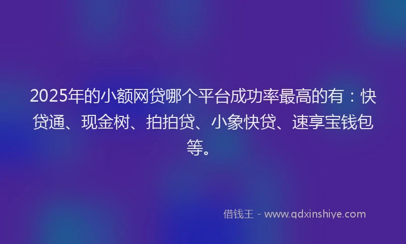 2025年的小额网贷哪个平台成功率最高的有：快贷通、现金树、拍拍贷、小象快贷、速享宝钱包等。