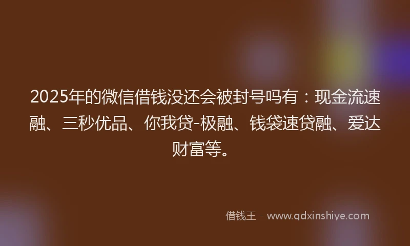 2025年的微信借钱没还会被封号吗有：现金流速融、三秒优品、你我贷-极融、钱袋速贷融、爱达财富等。