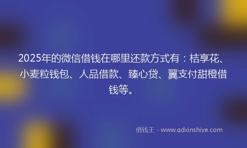 2025年的微信借钱在哪里还款方式有：桔享花、小麦粒钱包、人品借款、臻心贷、翼支付甜橙借钱等。