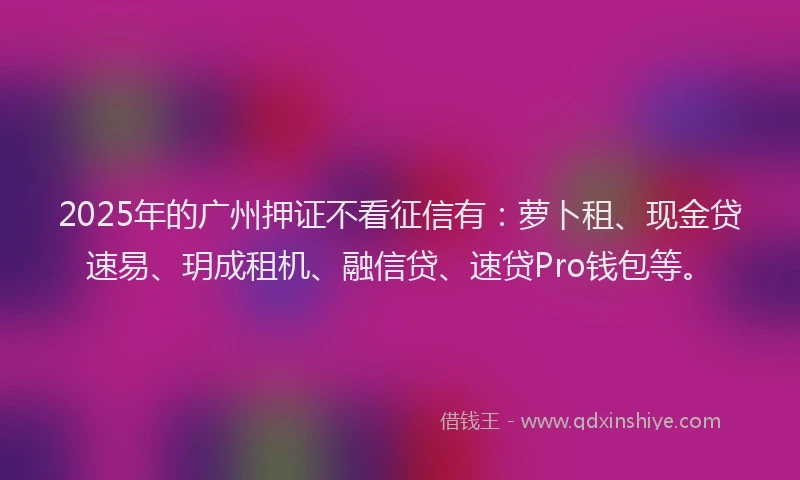 2025年的广州押证不看征信有：萝卜租、现金贷速易、玥成租机、融信贷、速贷Pro钱包等。