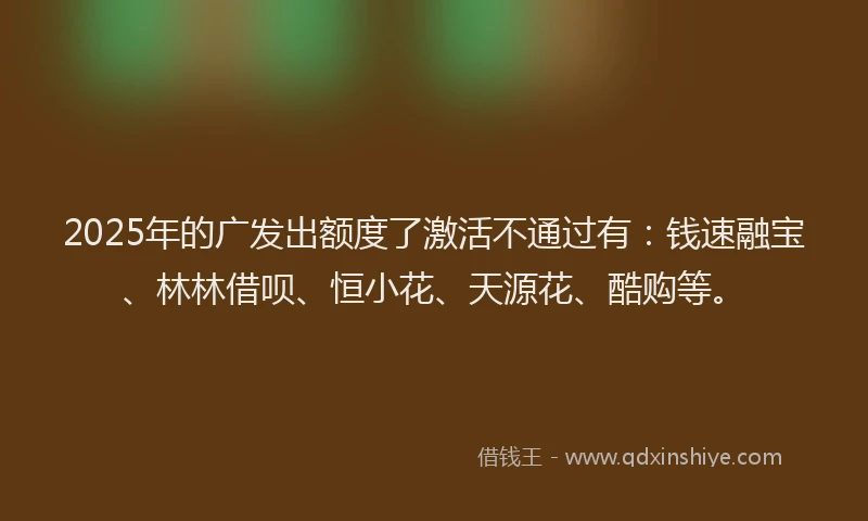 2025年的广发出额度了激活不通过有：钱速融宝、林林借呗、恒小花、天源花、酷购等。