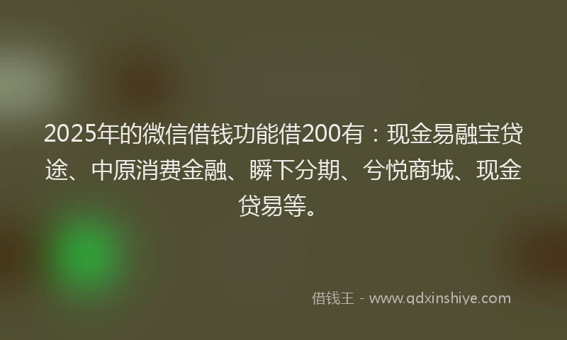 2025年的微信借钱功能借200有：现金易融宝贷途、中原消费金融、瞬下分期、兮悦商城、现金贷易等。