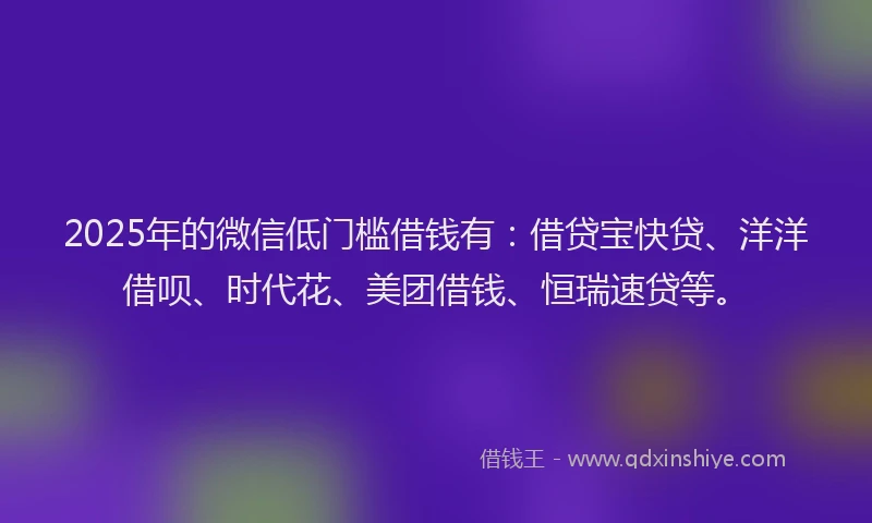 2025年的微信低门槛借钱有：借贷宝快贷、洋洋借呗、时代花、美团借钱、恒瑞速贷等。