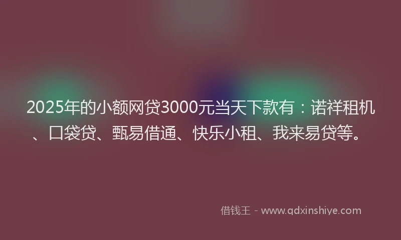 2025年的小额网贷3000元当天下款有：诺祥租机、口袋贷、甄易借通、快乐小租、我来易贷等。