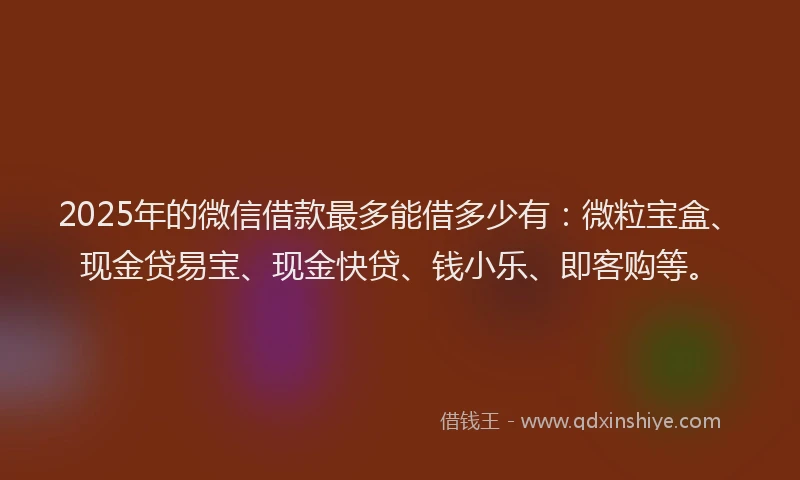 2025年的微信借款最多能借多少有：微粒宝盒、现金贷易宝、现金快贷、钱小乐、即客购等。