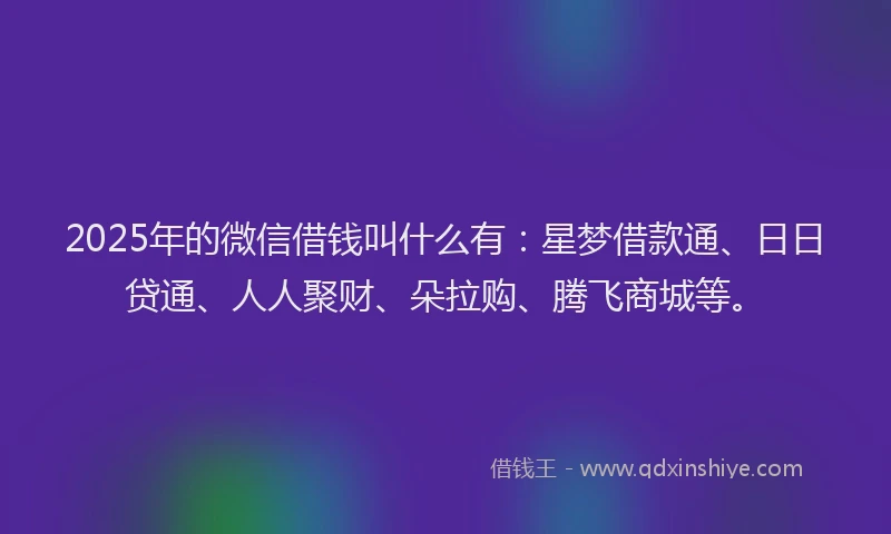 2025年的微信借钱叫什么有：星梦借款通、日日贷通、人人聚财、朵拉购、腾飞商城等。