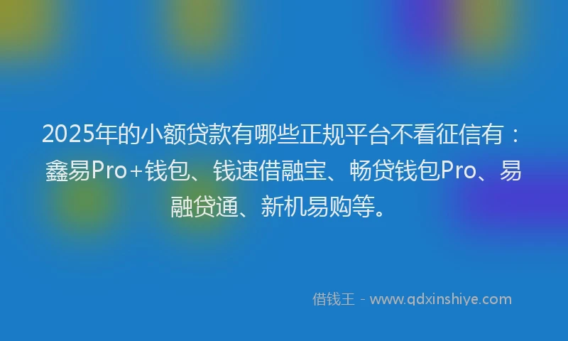 2025年的小额贷款有哪些正规平台不看征信有：鑫易Pro+钱包、钱速借融宝、畅贷钱包Pro、易融贷通、新机易购等。