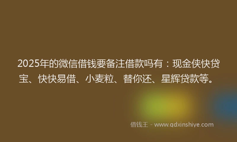 2025年的微信借钱要备注借款吗有：现金侠快贷宝、快快易借、小麦粒、替你还、星辉贷款等。