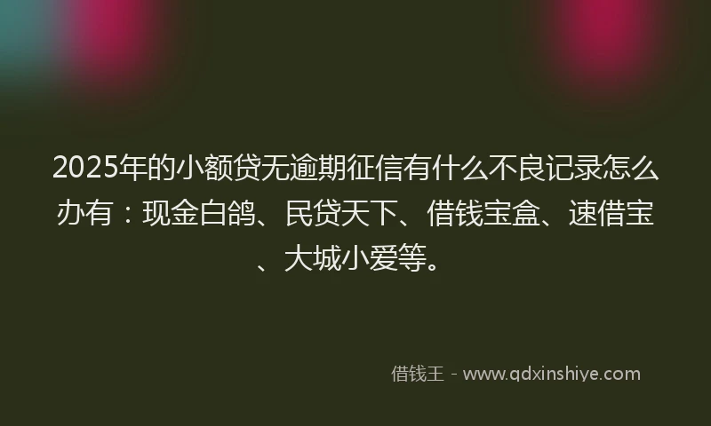 2025年的小额贷无逾期征信有什么不良记录怎么办有：现金白鸽、民贷天下、借钱宝盒、速借宝、大城小爱等。