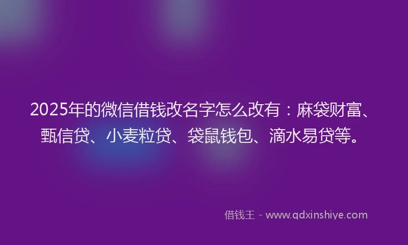 2025年的微信借钱改名字怎么改有：麻袋财富、甄信贷、小麦粒贷、袋鼠钱包、滴水易贷等。