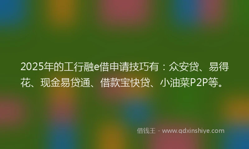 2025年的工行融e借申请技巧有：众安贷、易得花、现金易贷通、借款宝快贷、小油菜P2P等。