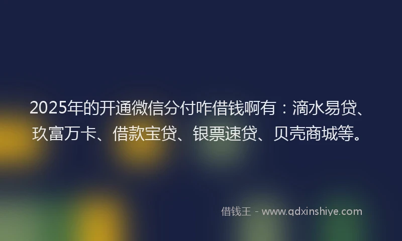 2025年的开通微信分付咋借钱啊有：滴水易贷、玖富万卡、借款宝贷、银票速贷、贝壳商城等。