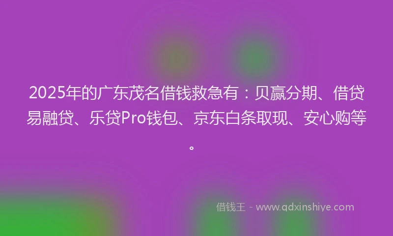 2025年的广东茂名借钱救急有：贝赢分期、借贷易融贷、乐贷Pro钱包、京东白条取现、安心购等。