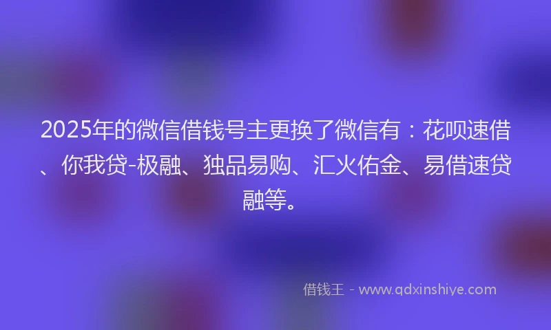 2025年的微信借钱号主更换了微信有：花呗速借、你我贷-极融、独品易购、汇火佑金、易借速贷融等。