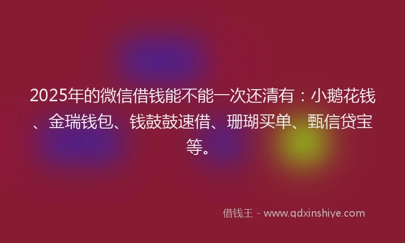 2025年的微信借钱能不能一次还清有：小鹅花钱、金瑞钱包、钱鼓鼓速借、珊瑚买单、甄信贷宝等。