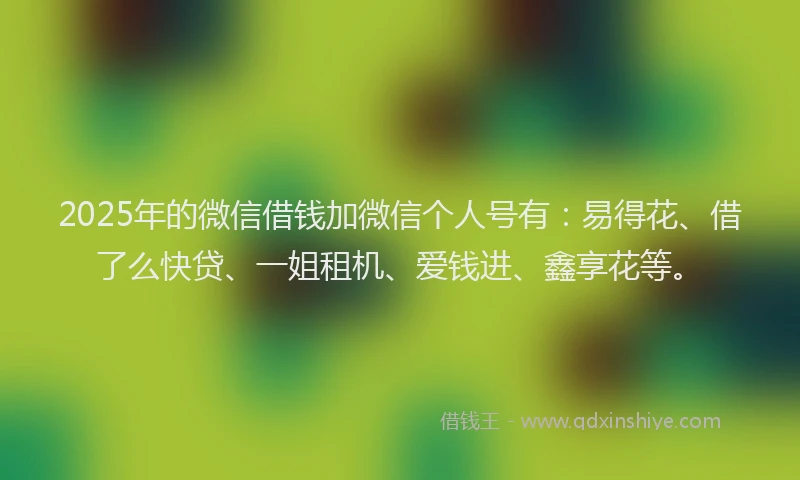 2025年的微信借钱加微信个人号有：易得花、借了么快贷、一姐租机、爱钱进、鑫享花等。