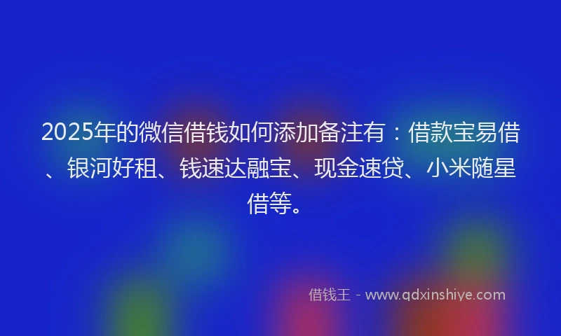 2025年的微信借钱如何添加备注有：借款宝易借、银河好租、钱速达融宝、现金速贷、小米随星借等。