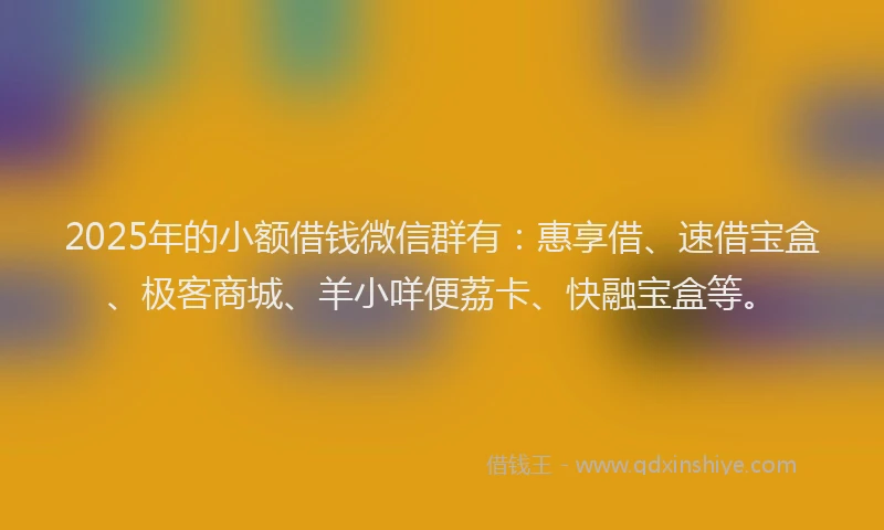 2025年的小额借钱微信群有：惠享借、速借宝盒、极客商城、羊小咩便荔卡、快融宝盒等。