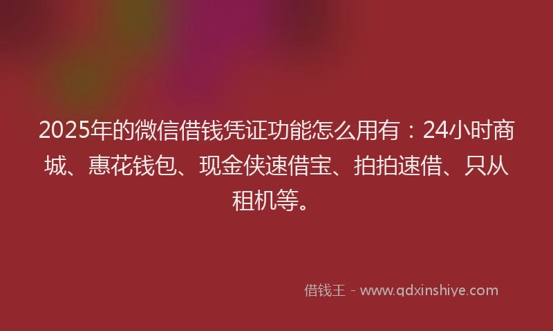 2025年的微信借钱凭证功能怎么用有：24小时商城、惠花钱包、现金侠速借宝、拍拍速借、只从租机等。