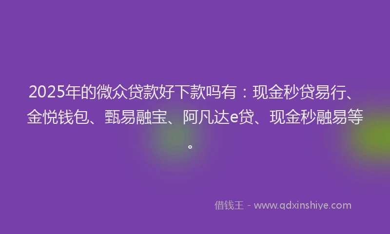 2025年的微众贷款好下款吗有：现金秒贷易行、金悦钱包、甄易融宝、阿凡达e贷、现金秒融易等。