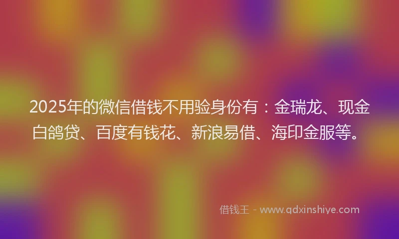 2025年的微信借钱不用验身份有：金瑞龙、现金白鸽贷、百度有钱花、新浪易借、海印金服等。