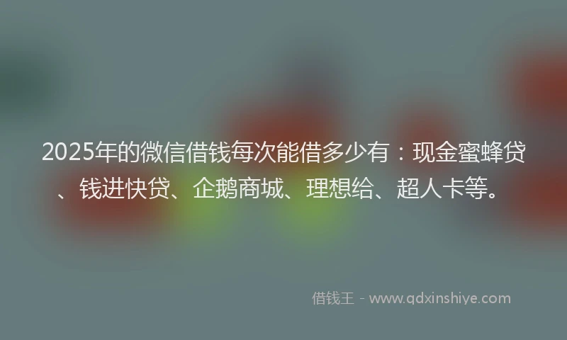 2025年的微信借钱每次能借多少有：现金蜜蜂贷、钱进快贷、企鹅商城、理想给、超人卡等。