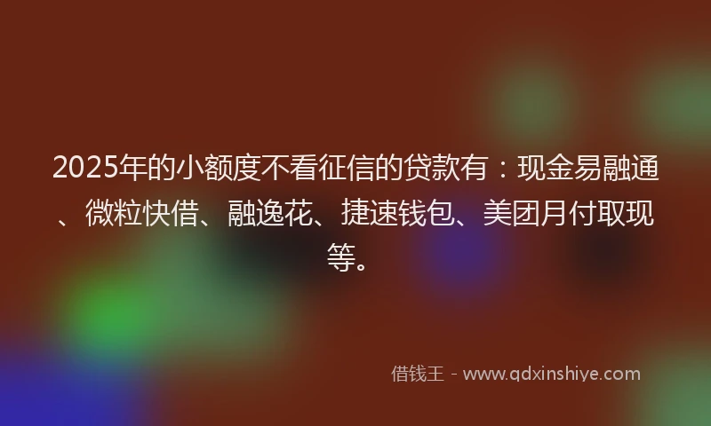 2025年的小额度不看征信的贷款有：现金易融通、微粒快借、融逸花、捷速钱包、美团月付取现等。