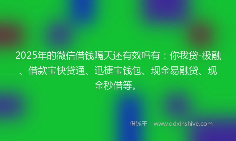 2025年的微信借钱隔天还有效吗有：你我贷-极融、借款宝快贷通、迅捷宝钱包、现金易融贷、现金秒借等。